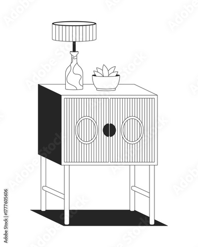 Decorated wooden nightstand with lamp and succulent 2D line object. Ribbed cabinet with plant, lighting. Bedroom furniture isolated clipart vector ink outline item. Monochrome spot illustration