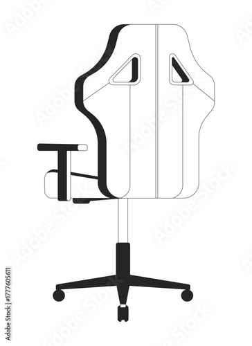 Ergonomic gaming office chair 2D line object. Comfortable furniture. Adjustable seat, swivel chair with padded cushion isolated clipart vector ink outline item. Monochrome spot illustration