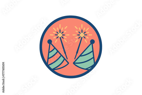 Two festive party hats and sparkling handheld fireworks inside a circular frame