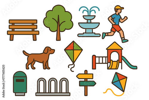 Colorful outdoor park and recreation elements including playground equipment running person dog and natural features