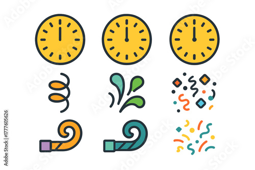 Colorful festive party elements including countdown clocks, confetti, and celebration noisemakers