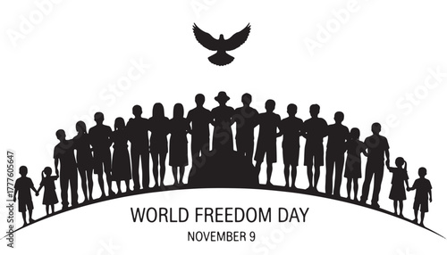 World freedom day silhouette of diverse people and dove of peace
