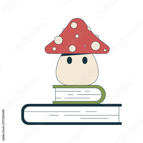 Cute mushroom character on books stack 2D cartoon object. Reading buddy. Learning fun. Fairytale fantasy amanita muscaria literature isolated element flat vector clip art on white. Spot illustration