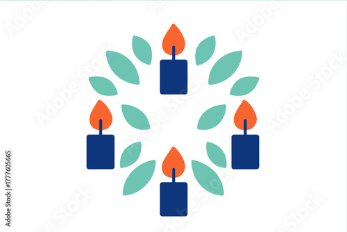Stylized circular arrangement featuring four blue burning candles and teal leaves on white