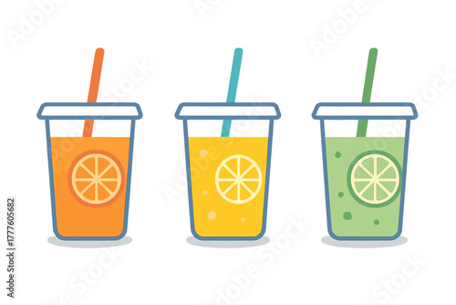 Row of three colorful takeaway cups filled with fresh orange, lemon, and lime juice beverages