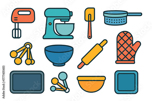 Colorful collection of kitchen and baking utensils, tools, mixers, bowls, rolling pin, and measuring spoons