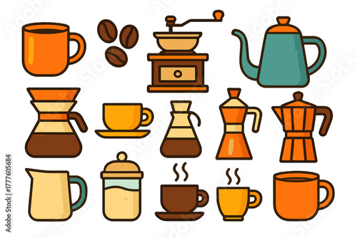 Colorful collection of coffee brewing equipment and cups set on a clean white background