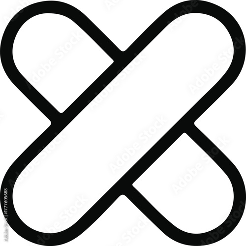 Minimal line icon of medical bandage cross, Simple black outline illustration of a crossed adhesive bandage, representing healthcare, first aid, recovery, and medical treatment concepts.

