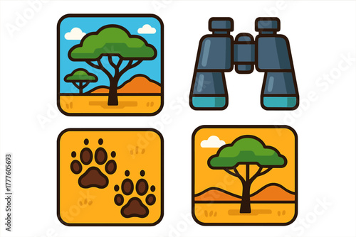 Four flat design elements for safari adventure, featuring savanna landscape, binoculars, and animal paw prints