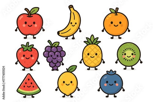 Set of cute smiling cartoon fruit characters including apple banana orange strawberry and kiwi