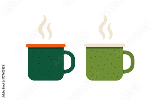 Two steaming enamel camping mugs filled with hot beverage on a white background