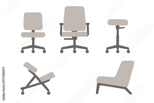 Diverse collection of modern office chairs, including ergonomic seating, adjustable stools, and low lounge furniture