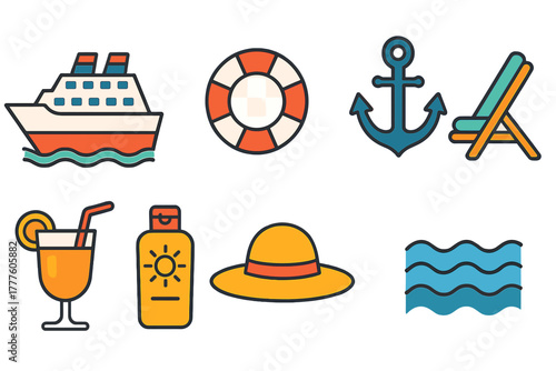 Colorful set of summer vacation and cruise travel items including ship lifebuoy anchor deck chair cocktail and sunscreen