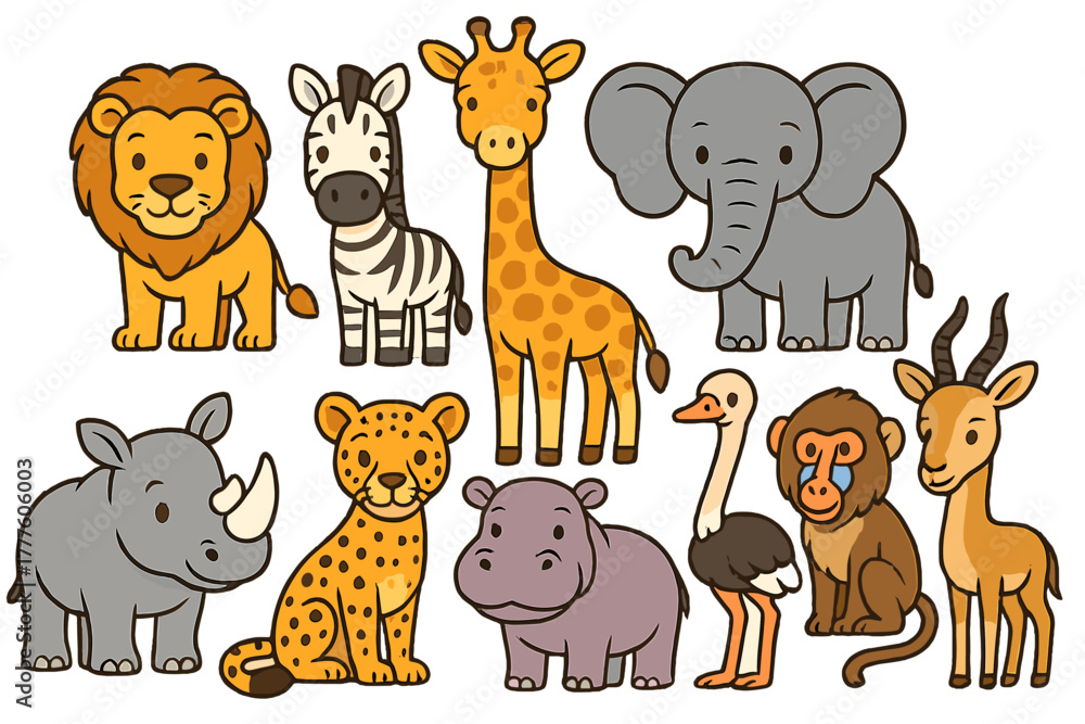 Fototapeta premium Adorable African safari wildlife characters set including lion elephant giraffe and zebra