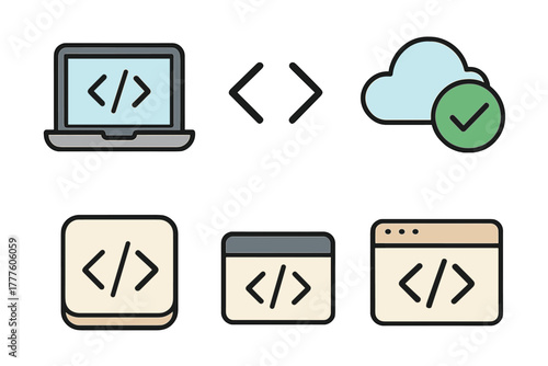 Flat design icons for coding, web development, cloud computing, and successful deployment