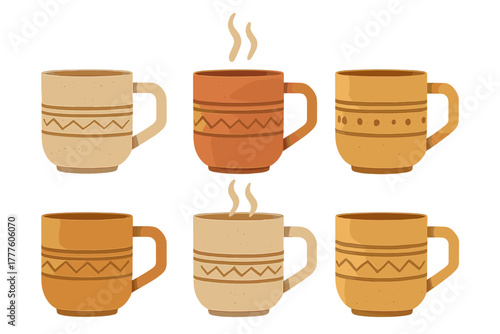 Six ceramic coffee mugs set with ethnic patterns and warm earthy colors isolated on white