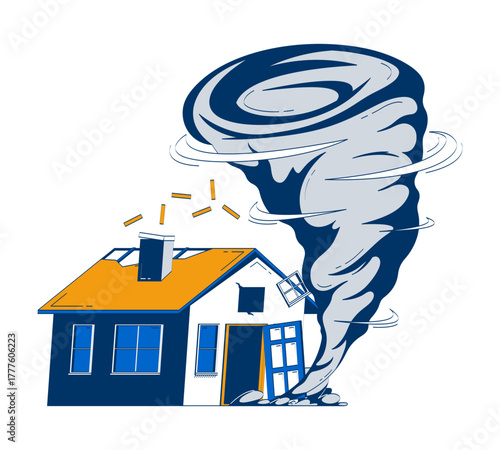 Tornado destroying house doodle cartoon illustration. Severe damage to home. Cyclone storm hitting residential property 2D flat object isolated on white. Doodleart hand-drawn drawing colorful