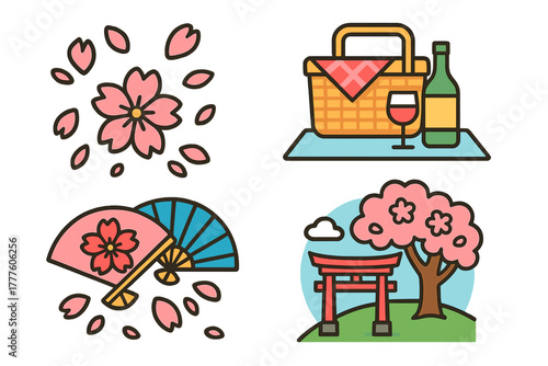 Japanese spring elements featuring cherry blossoms, traditional folding fans, picnic basket, and Torii gate
