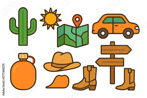 Collection of Western desert travel elements including cactus, map, car, cowboy hat, and boots