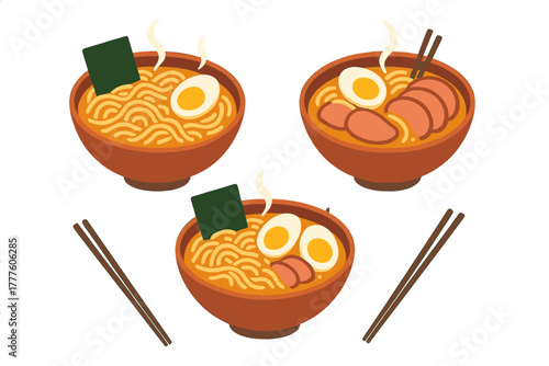 Three steaming bowls of traditional Japanese ramen noodles with eggs pork and seaweed served with chopsticks
