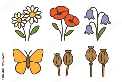 Stylized spring and summer botanical elements with daisy, poppy, bluebell flowers, and a yellow butterfly