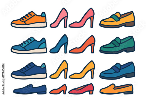 Colorful collection of different shoe types including athletic trainers, high heels, and slip-on loafers
