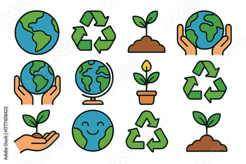 Set of ecology and environment symbols featuring Earth globe and recycling signs