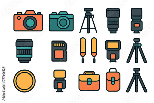 Professional photography equipment icons set including cameras, lenses, tripods, flashes, and memory cards