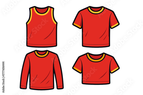 Blank red shirts and tops with yellow trim for clothing design mockups