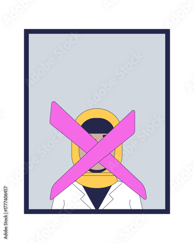 Banned profile of woman in hijab with cross mark 2D cartoon character. Rejected identity. Muslim female avatar discrimination flat vector person isolated on white. Spot illustration colorful