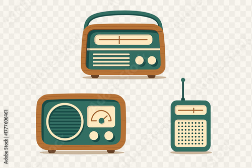 Collection of three classic vintage radio receivers including portable and tabletop models