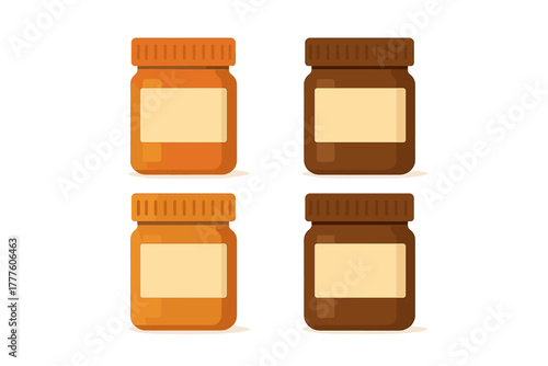 Set of four food jars containing peanut butter and chocolate spreads with blank labels