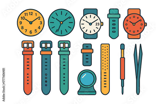 Colorful collection of analog and digital watch faces with interchangeable straps and repair tools