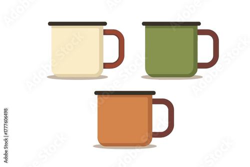 Collection of three colorful enamel camping mugs in retro flat design style