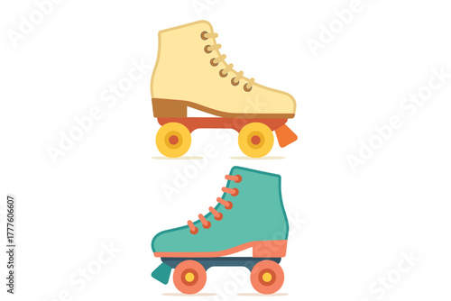 Classic quad roller skates in beige and teal colors representing 1970s and 1980s fashion
