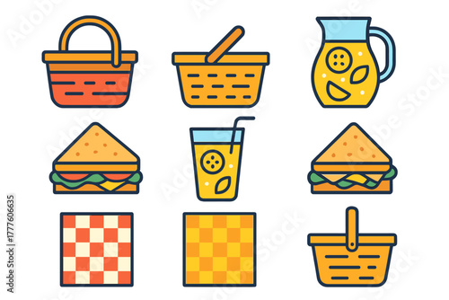 Bright picnic elements set with baskets, triangular sandwiches, checkered blanket, and refreshing drinks