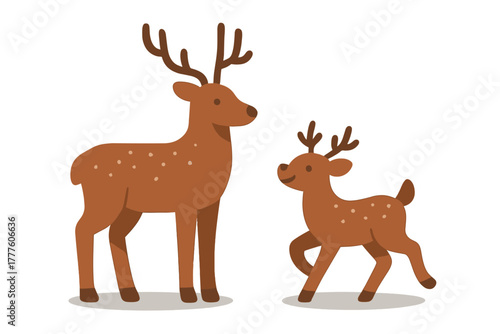 Adorable brown deer and young fawn standing together in minimal charming design
