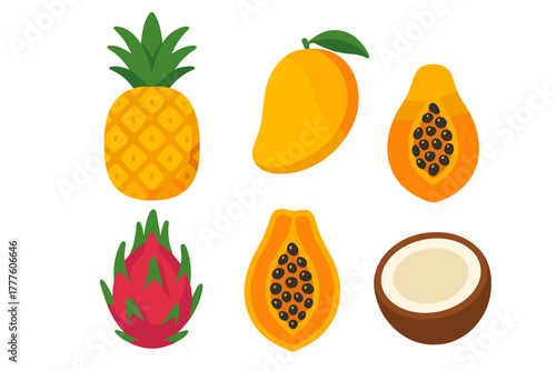 Colorful set of tropical fruits: pineapple, mango, papaya, dragon fruit, and coconut
