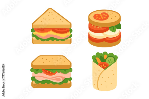 Collection of different delicious sandwiches, a stacked burger, and a fresh vegetable wrap