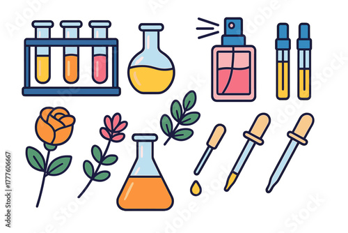 Laboratory glassware, perfume bottle, flowers, and plants for natural cosmetic production