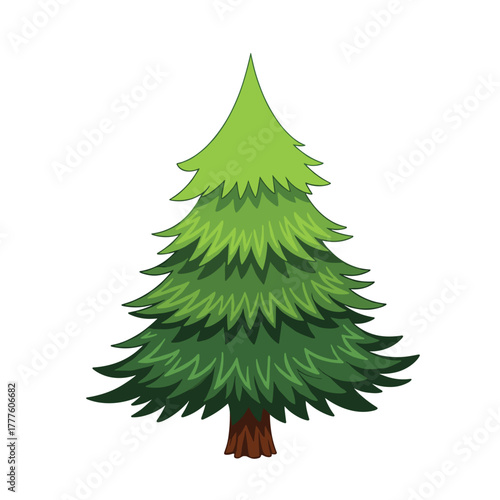 A vibrant cartoon illustration of a tall lush green pine tree with a brown trunk
