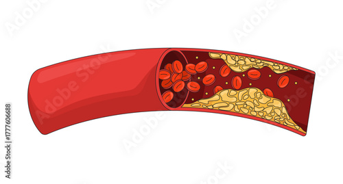Cholesterol plaque obstructing blood flow 2D vector illustration. Impeding red bloodcell circulation. Coronary artery disease flat object isolated on white background. Colorful cartoon image