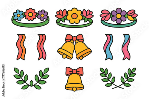 Festive decorative elements featuring colorful flowers, wedding bells, flowing ribbons, and green foliage wreaths