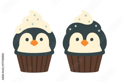 Adorable pair of cartoon penguin cupcakes topped with whipped cream frosting and colorful sprinkles