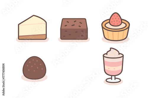 Cute collection of popular desserts: cheesecake, chocolate brownie, fruit tart, truffle, and milkshake