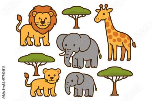 Stylized African wildlife icons featuring lion cub giraffe and two elephants with acacia trees