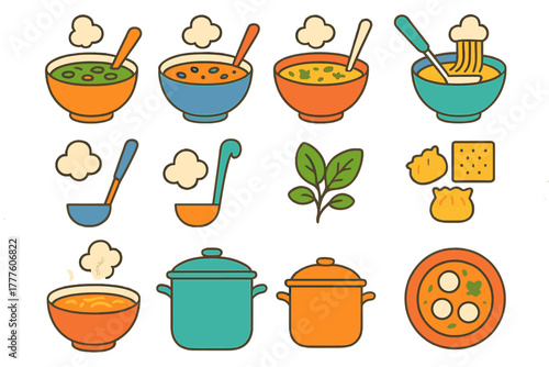 Colorful cooking and food elements set including hot soup bowls, pots, and ladles