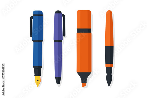 Assortment of writing and drawing instruments including fountain pens, ballpoint pens, markers, and brush tools