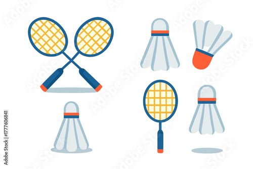 Set of badminton sports equipment icons featuring rackets and shuttlecocks for athletic competition