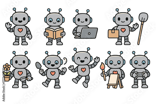 Set of cute cartoon robots engaged in various activities like reading, working, gardening, and gaming